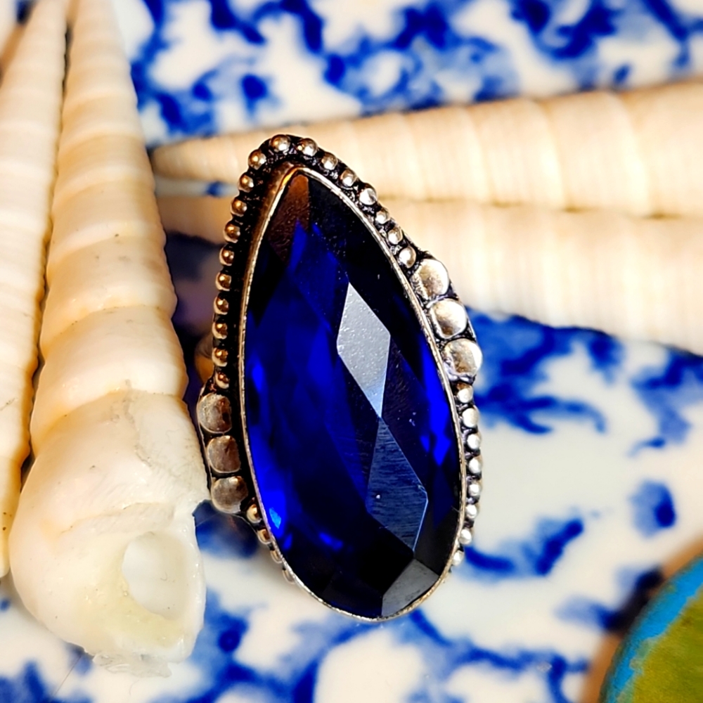 S-7 3/4 Stylish Dk Blue Pear-Shaped,Faceted Faux Sapphire Ring Made Jaipur,India